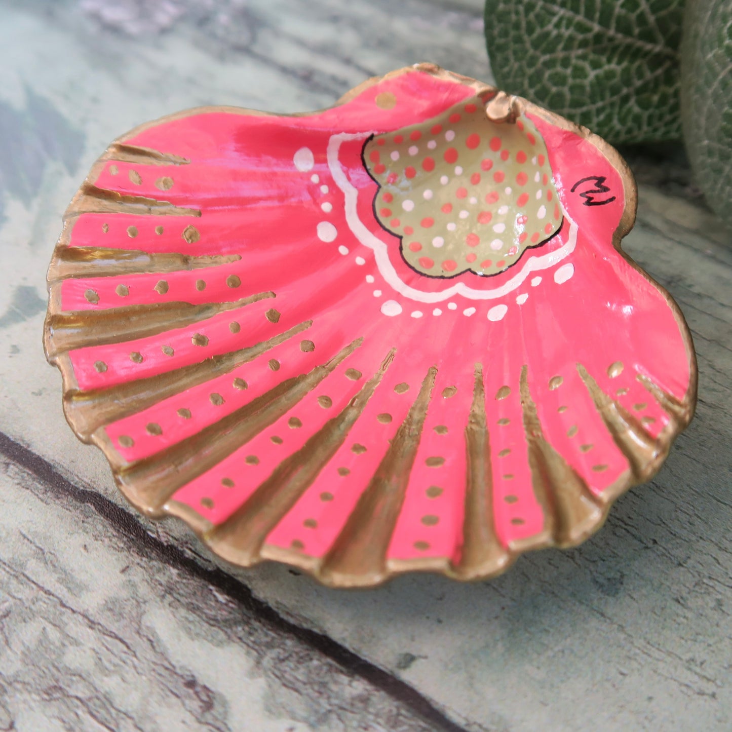 Small Hand Painted Pink Nouveau Shell Ring Trinket Dish