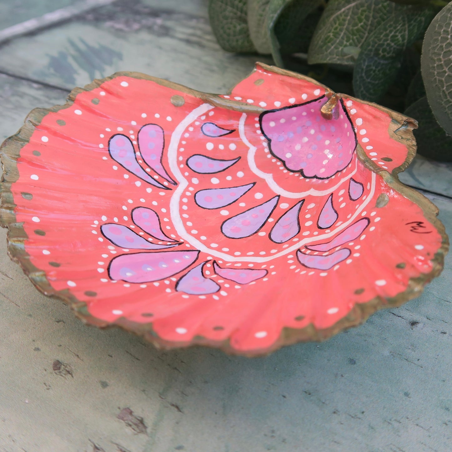 Large Hand Painted Pink Bohemian Shell Jewellery Trinket Dish