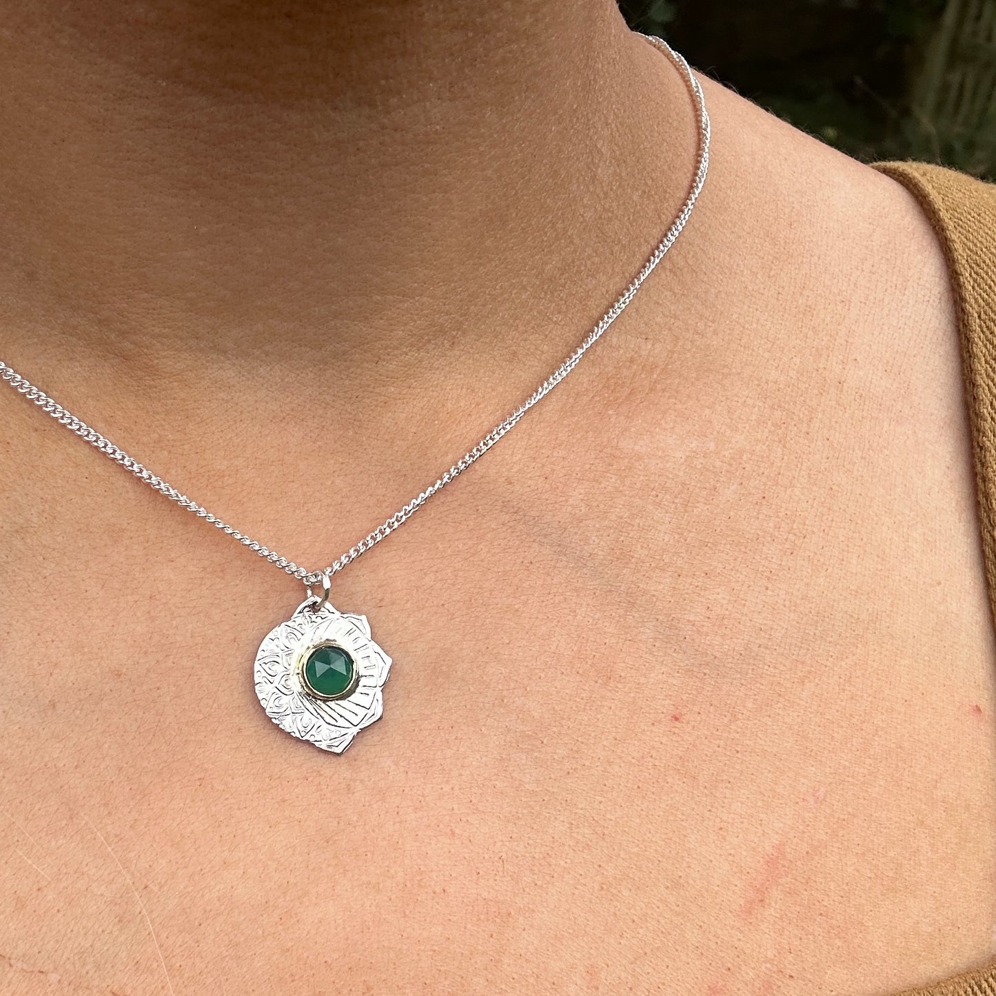 Celestial Fusion, Green Aventurine, Sterling Silver and Brass Pendant Necklace