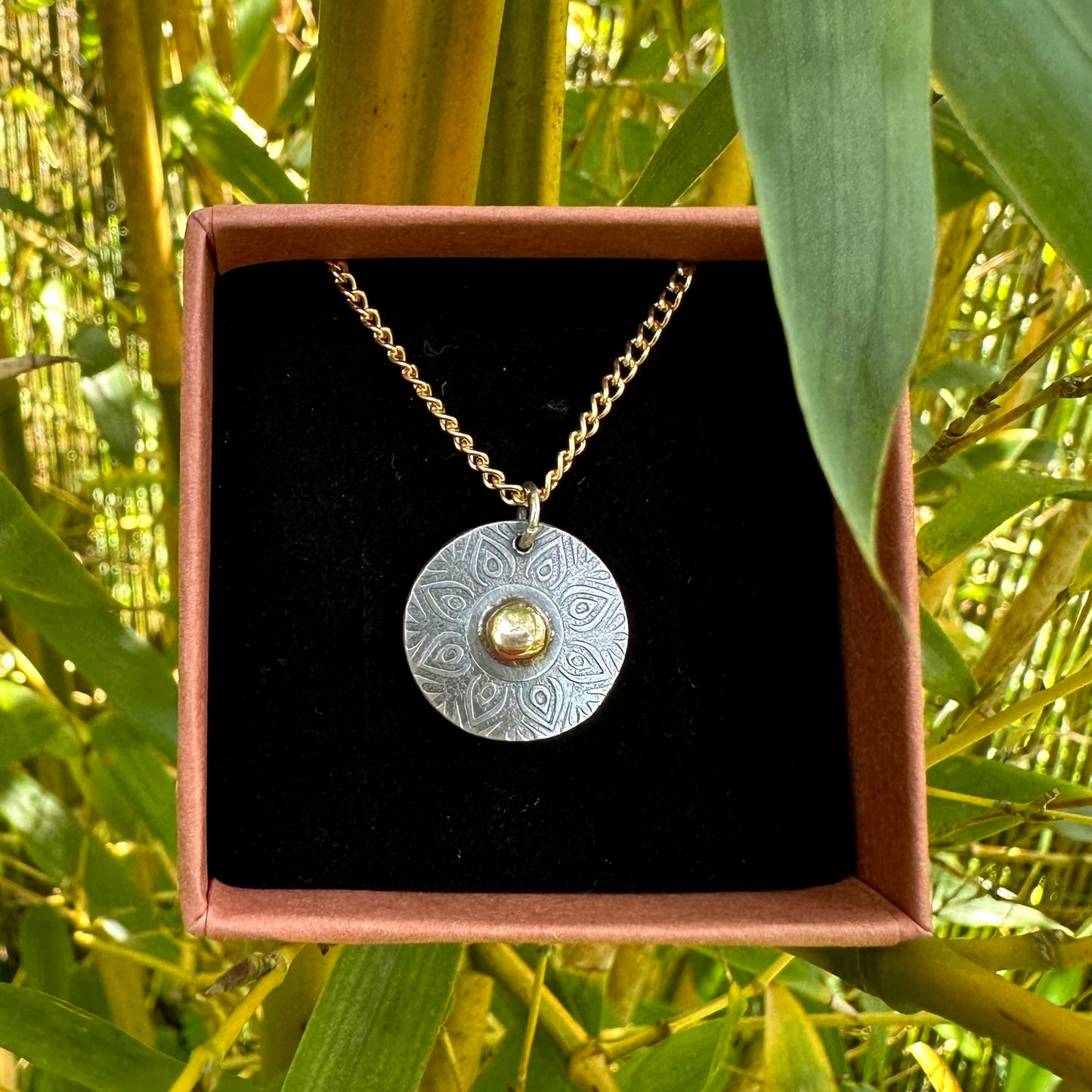 Sunburst Mandala, 9kt gold, Sterling Silver Necklace