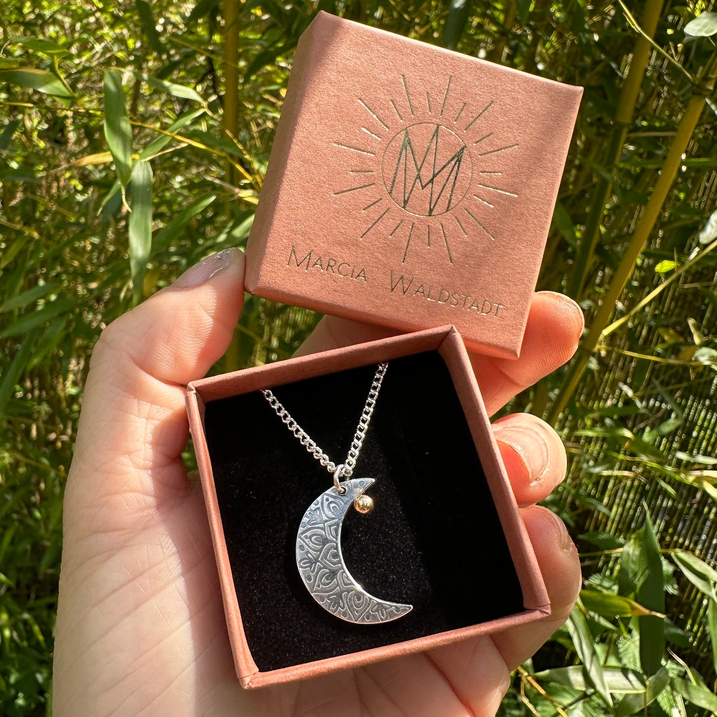 Crescent Moon Mandala, 925 Sterling Silver, 9kt Gold Necklace