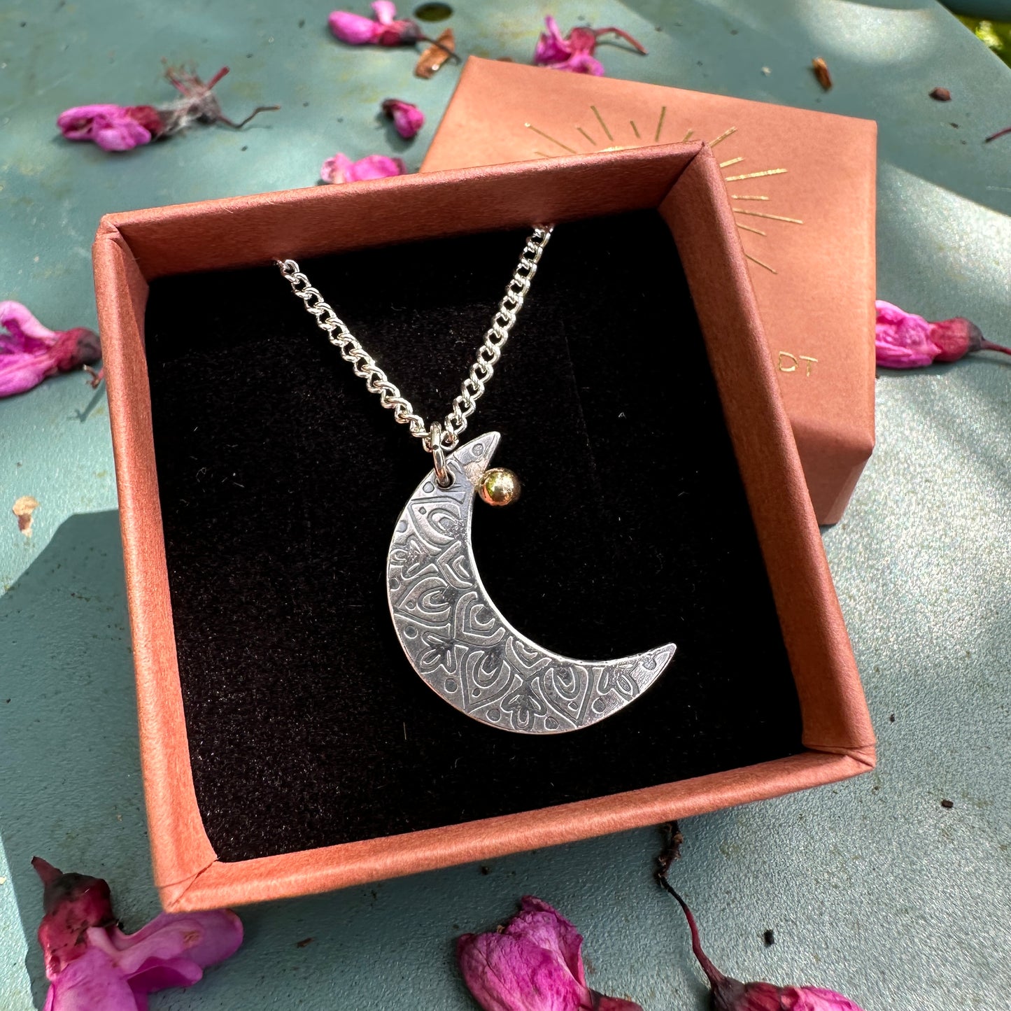 Crescent Moon Mandala, 925 Sterling Silver, 9kt Gold Necklace