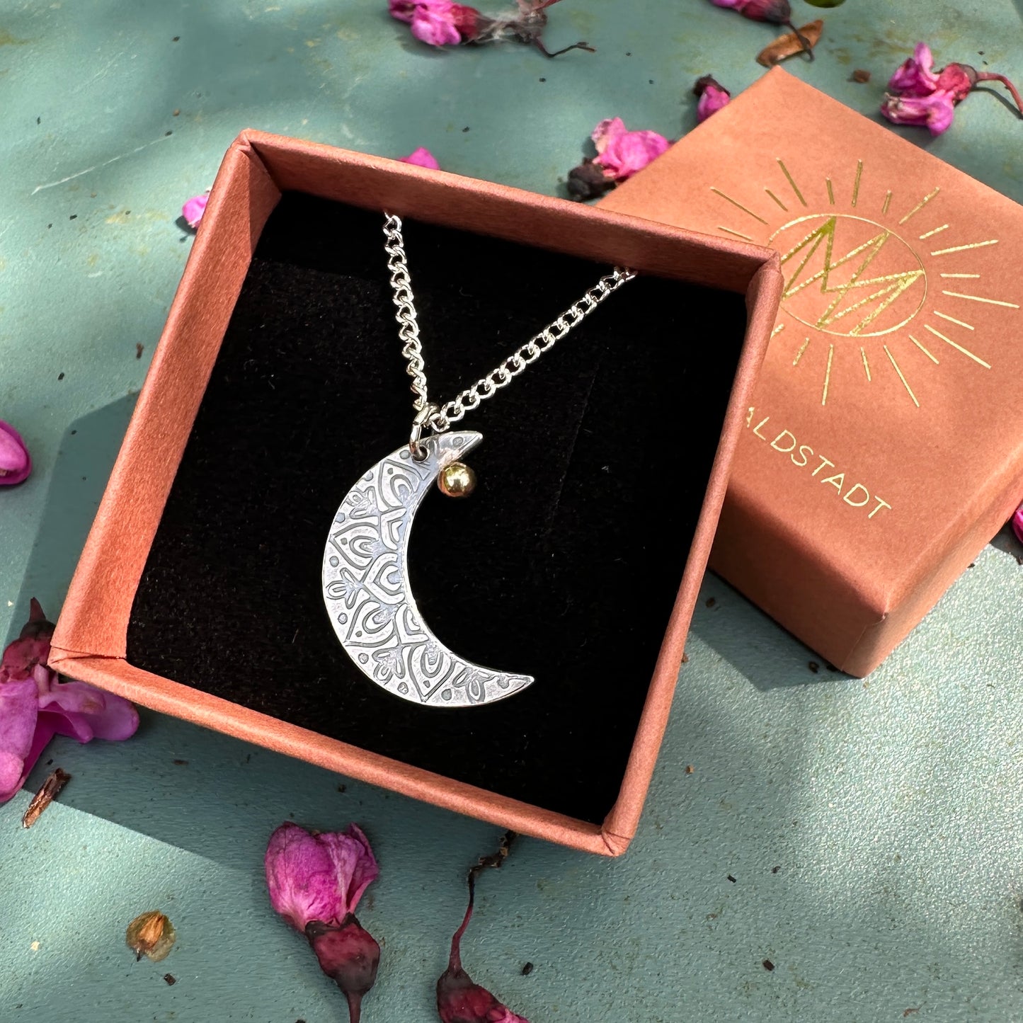 Crescent Moon Mandala, 925 Sterling Silver, 9kt Gold Necklace