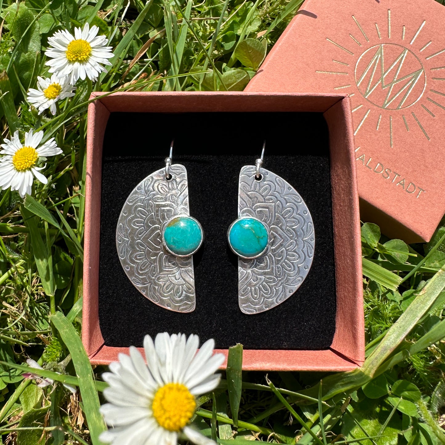 Flourish Mandala, Turquoise Stone, 925 Sterling Silver Earrings