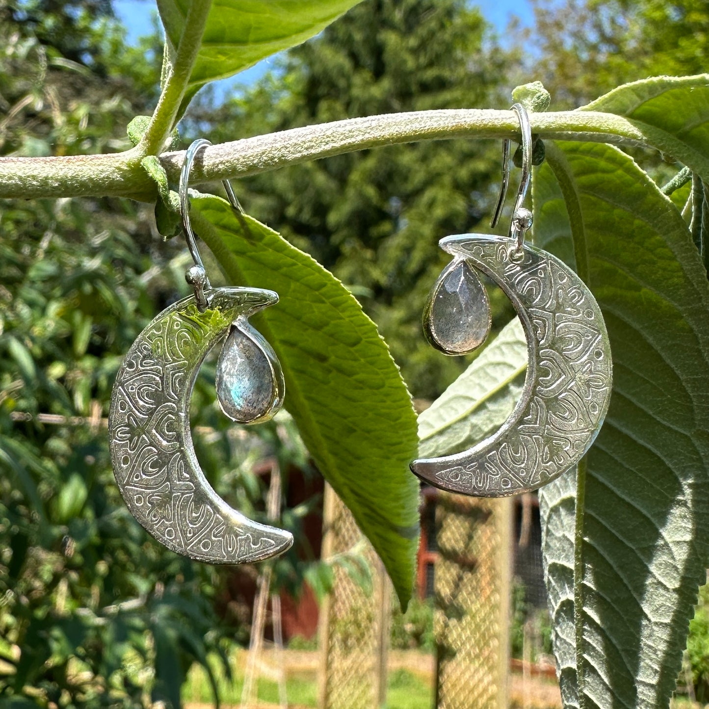 Crescent Moon Mandala, Labradorite, Sterling Silver, 9kt Gold, Earrings