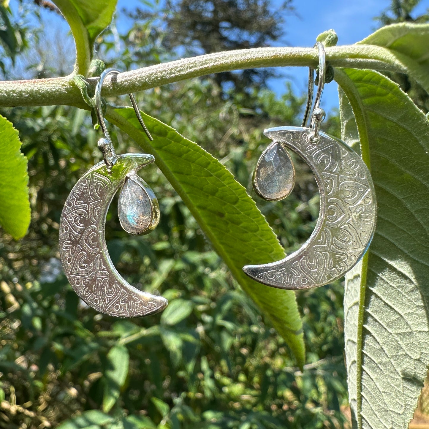 Crescent Moon Mandala, Labradorite, Sterling Silver, 9kt Gold, Earrings